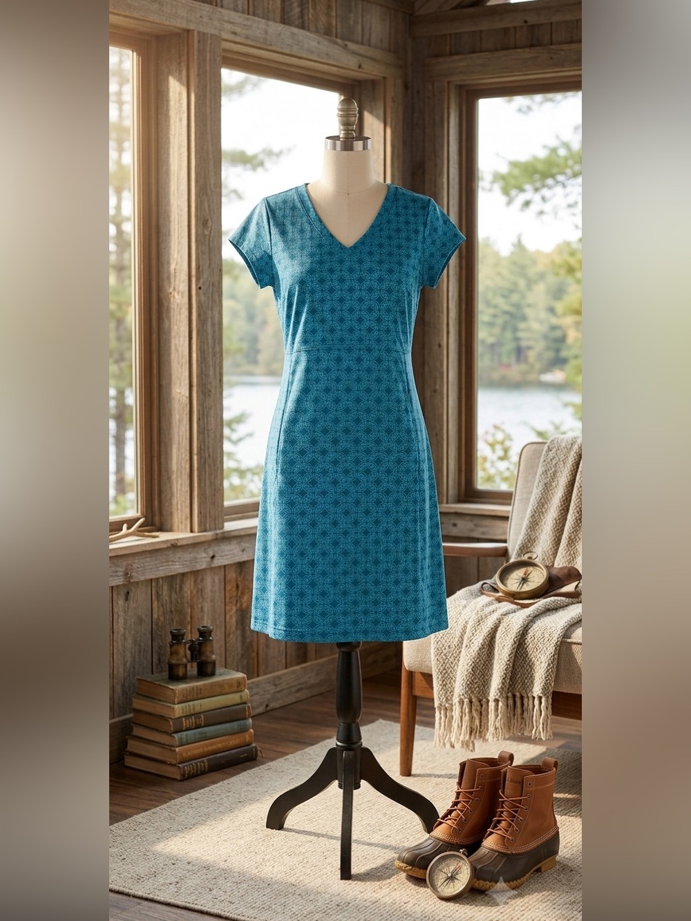 L.L. Bean Blue Geometric Print Performance V-Neck Dress w/ Pockets Size Medium